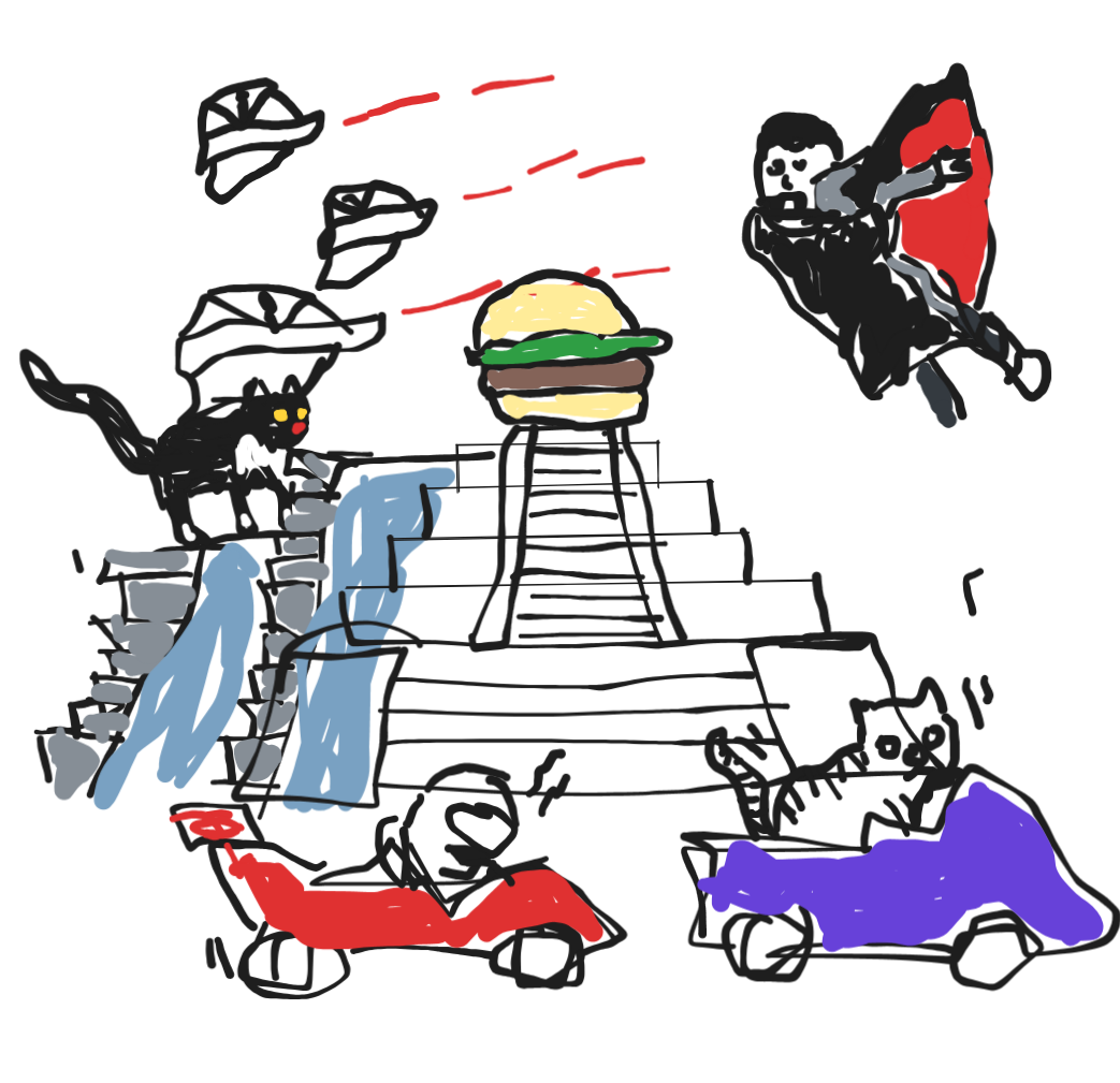 Drawing of spaceships, Dracula, a hamburger on a temple, and two race cars